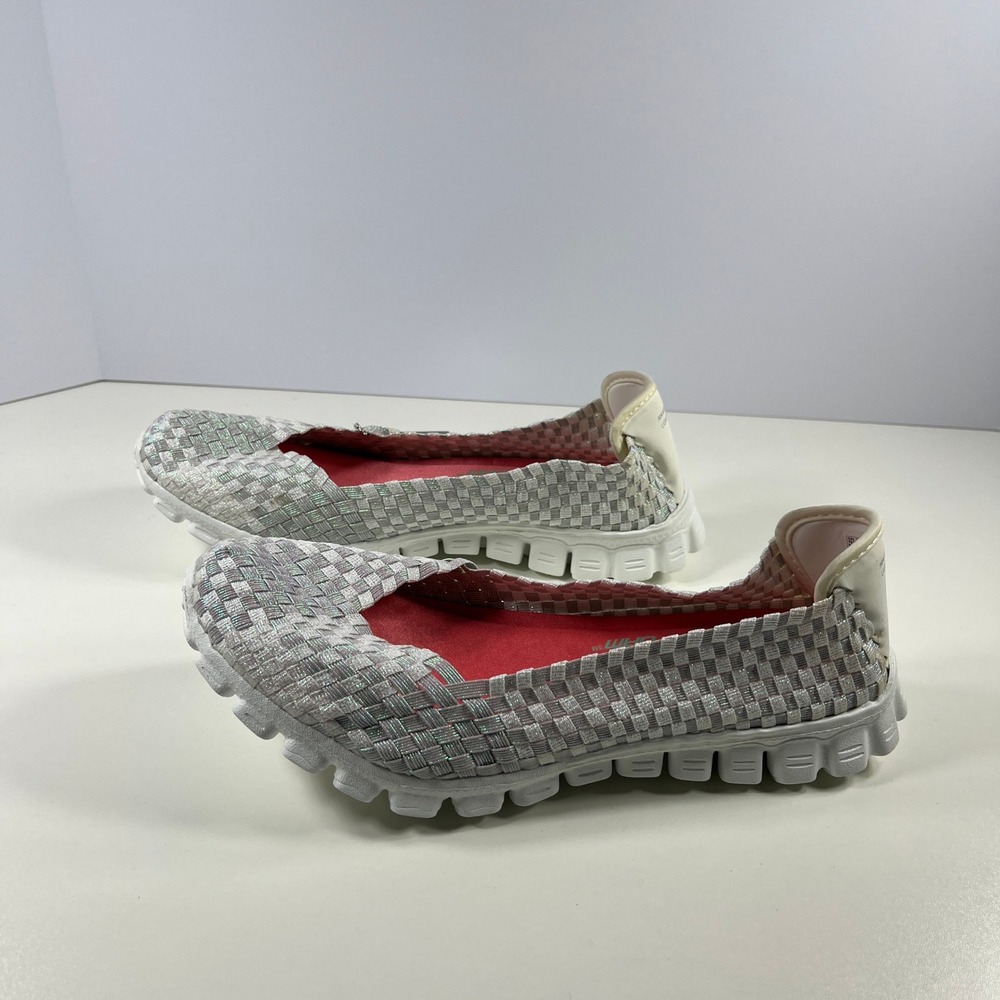 Skechers Stretch Weave Lightweight Silver Woven Comfort Slip On Shoes Womens 10